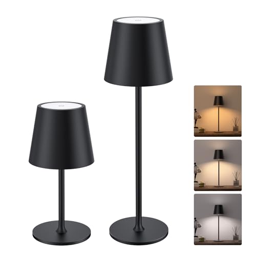 JACKYLED Cordless Table Lamps Rechargeable, 3 Adjustable Height, 5000 Capactiy Operated, 3 Colors Smooth Dimming, Portable LED Waterproof Table Lamp for Dining, Bedroom, Outdoor (2 Pack) - color: Black, size: 2 Pack-Round Base