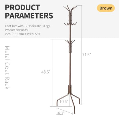 Coat Rack Freestanding,hat and coat rack stand for entryway,Living Room,Bedroom,Metal coat tree with12 Hooks and 3 Legs (Brown) - color: Brown