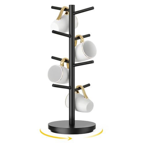 Wisuce Coffee Mug Holder Tree Upgraded 360Rotated Cup Holder for Counter Black Wood Cup Tree Mug Rack Organizer Stand with 8 Hooks for Kitchen Coffee Bar Accessories - color: Black (8 Hooks Rotated)