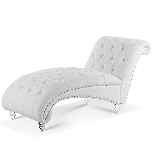 Button Tufted Chaise Lounge Teddy Boucle Upholstered Mid Century Modern Accent Sofa Chaise Armless Elegant Recliner Lounge Chair Solid Acrylic Legs (White Teddy) - color: White