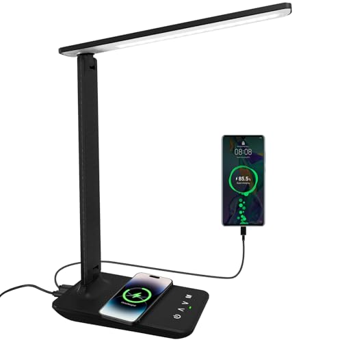 White crown LED Desk Lamp with 15W Wireless Charger & USB Port, Dimmable Table Lamp with 5 Lighting Modes, Sensitive Touch Control, Foldable & Portable Desk Light for Home, Office, Bedroom, Reading - color: Black, size: Pro