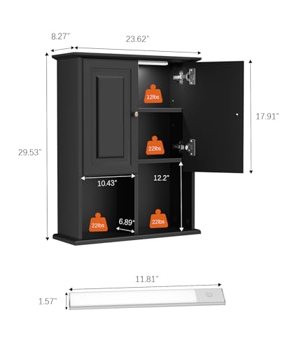 HAIOOU Bathroom Wall Cabinet with Motion Sensor Light, 23.6 Inch - Black | Wooden Wall Mounted Medicine Cabinet with Adjustable Shelf, Soft Close Hinges for Over the Toilet Bathroom Storage - color: Black