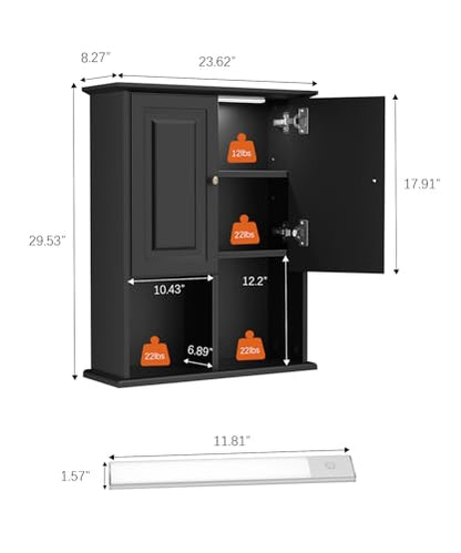 HAIOOU Bathroom Wall Cabinet with Motion Sensor Light, 23.6 Inch - Black | Wooden Wall Mounted Medicine Cabinet with Adjustable Shelf, Soft Close Hinges for Over the Toilet Bathroom Storage - color: Black