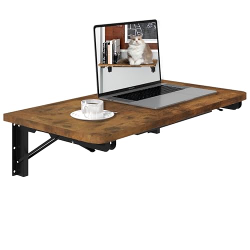 TEAMIX Wall Mounted Folding Table, Floating Desk for Small Spaces, Rustic | Heavy-duty Brackets, Space-saving Murphy Table, Use as Home Office Desk, Dining Table, Laundry Shelf, or Balcony Table - color: Brown, size: 23.6"W x 11.8"D
