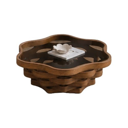 35.8" Cloud Coffee Table with Glass Top & Multi-Laye Wave Base | Modern Unique Irregular Center Table for Living Room, Artistic Cocktail Table for Apartment, Wooden Tea Table - Walnut - color: 35.8" Cloud Coffee Table