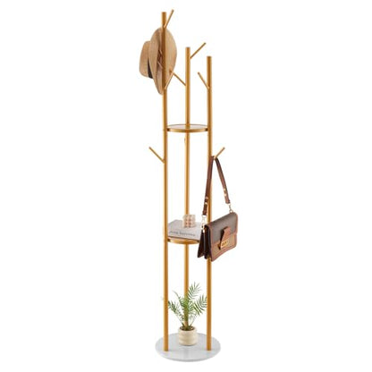 VEVOR Coat Rack, Freestanding Coat Rack Stand with Quartz Stone Base & 9 Hooks, Free Standing Hall Coat Tree for Entryway, Bedroom, Office, Living Room, Modern Clothes Hanger for Coat, Hat, Scarf, Bag - style: with Storage Board