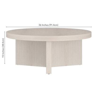 Henn&Hart 36" Scandinavian Fluted Coffee Table, Beech White | Ribbed pedestal base and low profile bring Scandinavian style to small spaces including living rooms or family rooms - color: Beech White, size: 36 inches