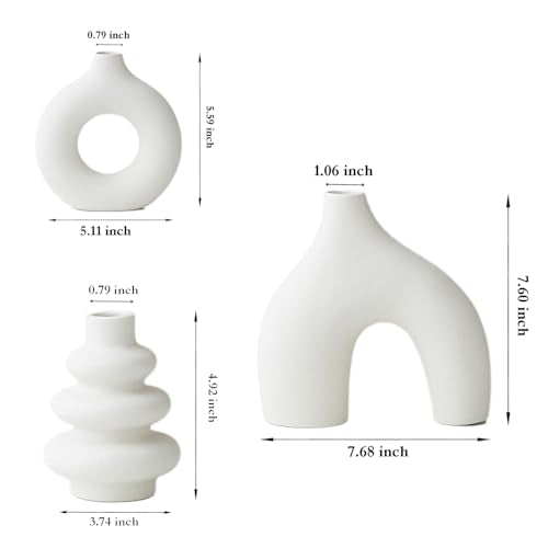 White Ceramic Vase Set of 3,Neutral Boho Nordic Minimalism Style Flower Vases for Living Room Wedding Table Party Office Bedroom - color: White