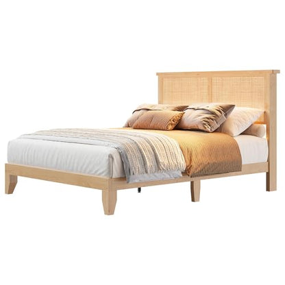 Rattan Bed Frame Full Size with Natural Rattan Headboard, Bohemian Rattan Bed Frame with LED Lights, Solid Wood Foundation with Silent Slats, No Box Spring Needed - size: Full