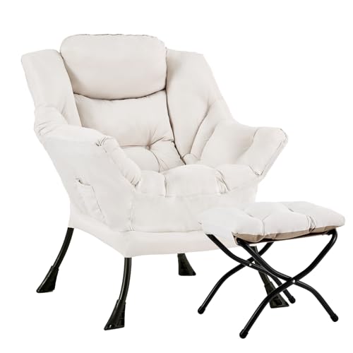 Lazy Chair with Ottoman, Soft Comfy Chair for Bedroom, Beige | Reading Accent Lounge Chair with folding Foot Stool for Living Room Dorm Apartment, sturdy metal frame - color: Beige