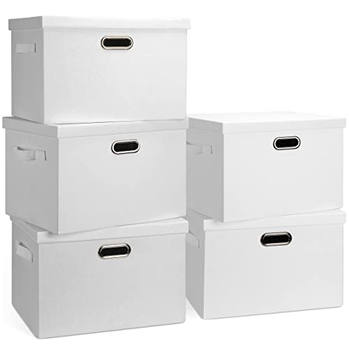 Graciadeco Large 17" 36 Quart Collapsible Stackable Storage Bins with Lids, 5 Packs White Linen Fabric Closet Boxes with Lids, Storage Cube Baskets Container Organizers for Bedroom Office(17 x12 x11) | 36 Quart 5 Pack White Collapsible Stackable Linen Fab