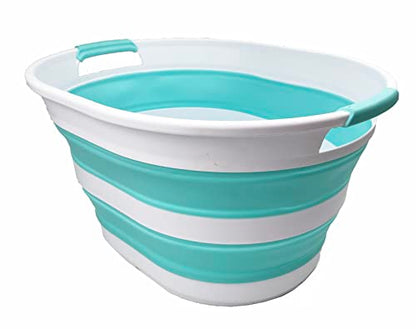 SAMMART 23L (6 Gallons) Collapsible Plastic Laundry Basket - Oval Tub/Basket - Foldable Storage Container/Organizer - Portable Washing Tub - Space Saving Laundry Hamper (White/Sage Green) (