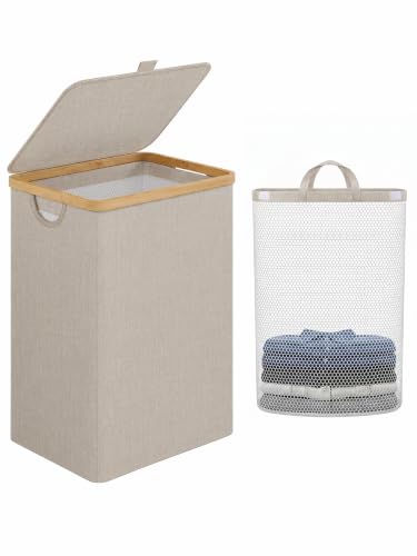IEGrow Laundry Hamper with Lid,85L Laundry Basket with Mesh Bags,Oatmeal | Dirty Clothes Hamper Basket with Bamboo Handle for Clothes Towels - color: Oatmeal, size: 85L