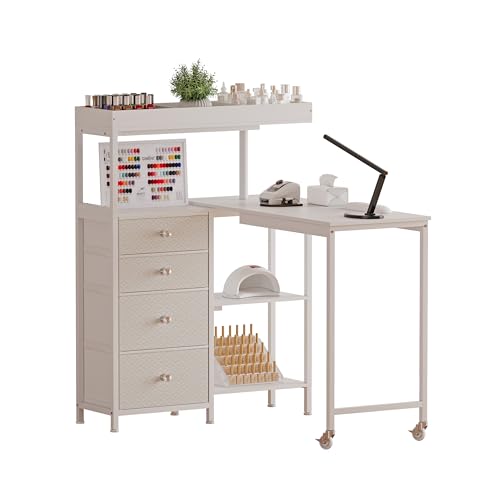 L-Shaped Manicure Table with Power Outlets,Nail Desk for Nail tech | Rotating Nail Workstation on Wheels with Charging Station,Nail Table with drawers & shelves for Home,Makeup Beauty Salon - color: White