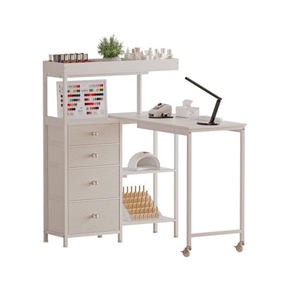 L-Shaped Manicure Table with Power Outlets,Nail Desk for Nail tech | Rotating Nail Workstation on Wheels with Charging Station,Nail Table with drawers & shelves for Home,Makeup Beauty Salon - color: White