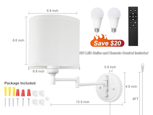 GOODATE Plug in Wall Sconces with Remote Control, Dimming, Adjustable Colors 2700K-6500K, Hardwire or Plug-in, Swing Arm Wall Lamp, Wall Sconces Set of Two, White Fabric Shade, White Finish - color: White & White