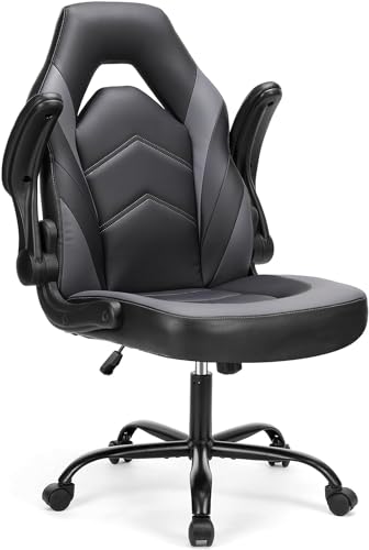 Sweetcrispy Computer Gaming Desk Chair - Ergonomic PU Leather with Comfy Lumbar Support, Height Adjustable Rolling Desk with Flip-up Armrests, for Home and Office - color: Grey
