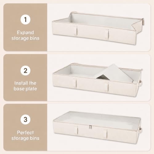 Side-Supported Under Bed Storage Containers, 6 Inches Tall 60L Underbed Storage Bins with Sturdy Handles and Sidewalls, Closet Organizer for Clothes, Blankets, Seasonal Items, Beige, 2-Pack | Underbed Storage Bin with Sturdy Handles and Sidewalls, Closet