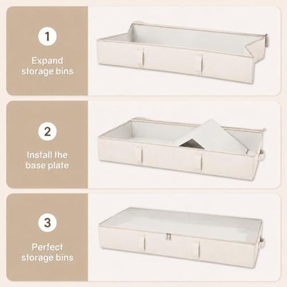 Side-Supported Under Bed Storage Containers, 6 Inches Tall 60L Underbed Storage Bins with Sturdy Handles and Sidewalls, Closet Organizer for Clothes, Blankets, Seasonal Items, Beige, 2-Pack | Underbed Storage Bin with Sturdy Handles and Sidewalls, Closet