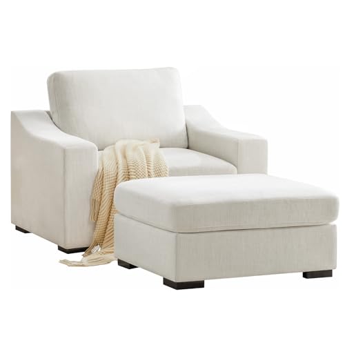 47" Oversized Single Sofa with Ottoman, Upholstered Chaise Lounge Comfy Sleeper Chair with Soild Wood Frame, Deep Seat Sofa Couch for Living Room Bedroom Apartment, Linen, White - color: White, size: 51 Inch - Single Sofa + Ottoman