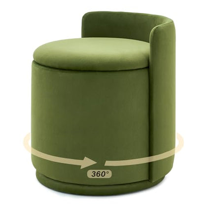 360° Swivel Makeup Chair with Storage, Upholstered Accent Stool with Back, Round Vanity Stool Ottoman for Living Room, Makeup Room, Bedroom (Green) - color: Green