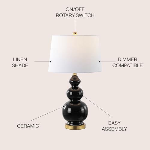 JONATHAN Y Bowen 27.5" Ceramic Triple Gourd Table Lamp, Black/Brass Gold | Contemporary, White Linen Drum Shade, Modern Transitional Style, Metal Base, LED Bulb Included - color: Black