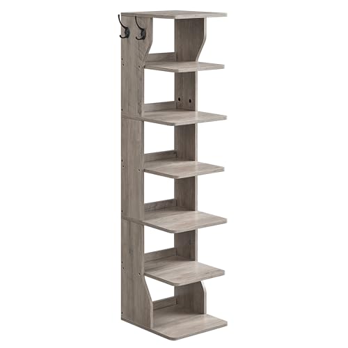 VASAGLE 7-Tier Vertical Shoe Rack, Narrow Shoe Storage Organizer with Hooks, Slim Corner Tower Shelf, Space-Saving for Entryway and Bedroom, Heather Greige ULBS200L01 - color: Heather Greige, size: 7 Tiers (10.4"W)