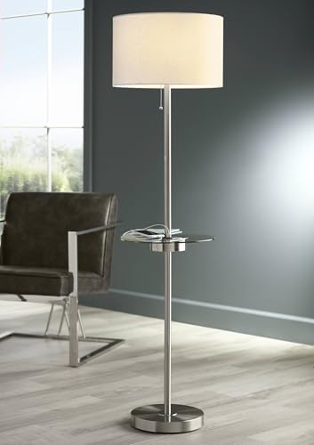 360 Lighting Caper 60 1/2" Tall Nickel Tray Table USB and Outlet Floor Lamp | Modern with AC Power on Glass 5 Satin White Fabric Drum Shade for Living Room Reading House Bedroom - color: Nickel - Single