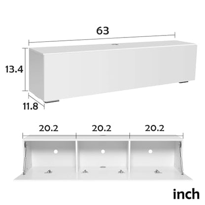 Floating TV Stand with LED for 60 65 70in TV, Glossy Wall Mounted Modern Entertainment Center with Storage, White - size: 63"W x 12"D x 13.5"H