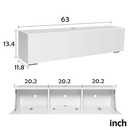 Floating TV Stand with LED for 60 65 70in TV, Glossy Wall Mounted Modern Entertainment Center with Storage, White - size: 63"W x 12"D x 13.5"H