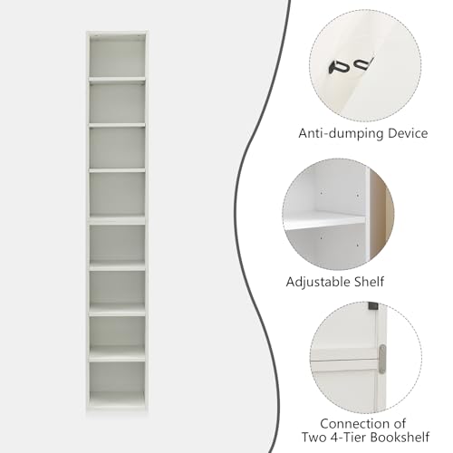 Tall Narrow Bookshelf,8-Tiers Bookcase with Adjustable Shelves,Double-Decker Combination Thin Media Tower Rack,CD DVD Slim Storage Cabinet for Living Room,Bedroom,Studio and Office (White, 71"H) - color: White