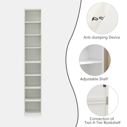 Tall Narrow Bookshelf,8-Tiers Bookcase with Adjustable Shelves,Double-Decker Combination Thin Media Tower Rack,CD DVD Slim Storage Cabinet for Living Room,Bedroom,Studio and Office (White, 71"H) - color: White