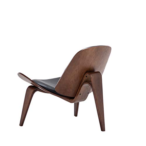 Belleze Mid Century Modern Tripod Plywood Lounge Chair Walnut Bentwood Upholstered Faux Leather, Black - color: Black, size: 1 Chair