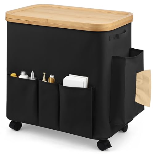 50L Small Clothes Hamper, Small Landry Hamper with Lid Rolling Collapsible Laundry Hamper with Detachable Wheels Bamboo Frame 7 Oxford Storage Pockets for Bathroom Bedroom Salon RV, Black - color: Black