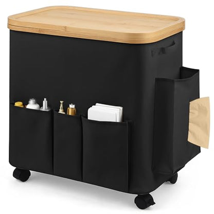 50L Small Clothes Hamper, Small Landry Hamper with Lid Rolling Collapsible Laundry Hamper with Detachable Wheels Bamboo Frame 7 Oxford Storage Pockets for Bathroom Bedroom Salon RV, Black - color: Black