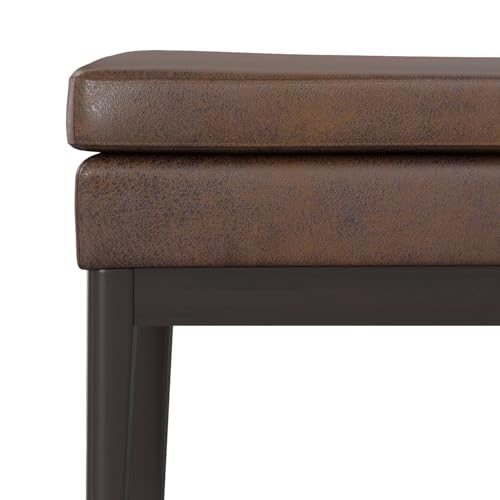 SIMPLIHOME Carlson 45" Wide Vegan Leather Rectangle Ottoman in Brown | Distressed chestnut brown, mid-century modern ottoman bench with a padded seat; footstool, footrest, or bedroom bench. - color: Distressed Chestnut Brown, style: Ottoman Bench