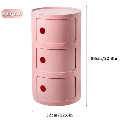 3 Tier Round Nightstand with Drawer, Pink Round Side Table Small Plastic Storage End Table for Bedroom, Living Room, Bathroom - color: Pink