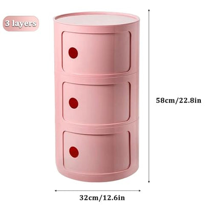 3 Tier Round Nightstand with Drawer, Pink Round Side Table Small Plastic Storage End Table for Bedroom, Living Room, Bathroom - color: Pink