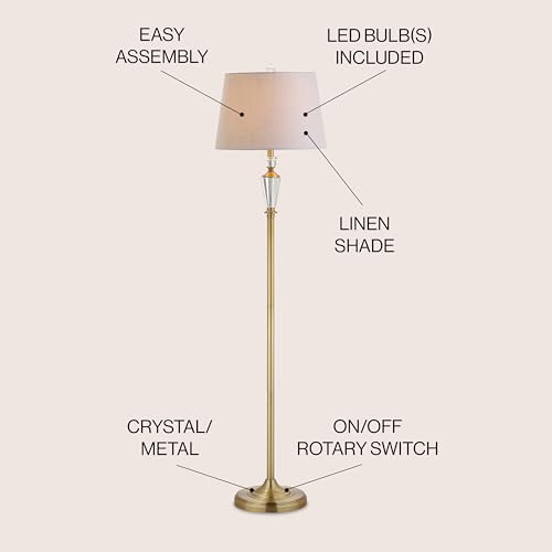 JONATHAN Y Acadia Floor Lamp 61" Crystal Metal, Brass Gold/Clear | Traditional Slender Standing Light, White Linen Drum Shade, for Living Room, LED Bulb Included
