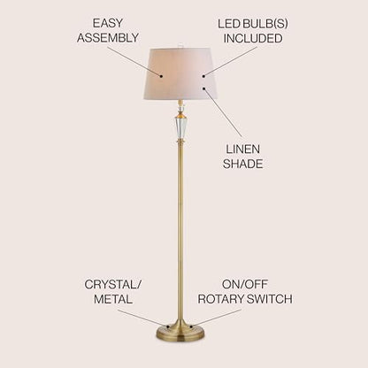 JONATHAN Y Acadia Floor Lamp 61" Crystal Metal, Brass Gold/Clear | Traditional Slender Standing Light, White Linen Drum Shade, for Living Room, LED Bulb Included
