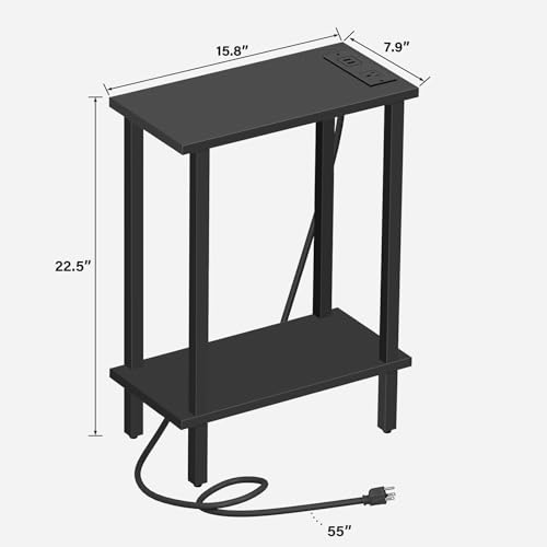TUTOTAK Narrow Side Table, 2-Tier Small End Table with Charging Station | Skinny Sofa Table, Slim Nightstand, Easy Assembly for Living Room, Bedroom, Black TB01BK060 - color: Black, size: 2-tier