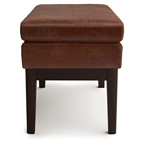 SIMPLIHOME Carlson 27" Wide Woven Fabric Rectangle Ottoman in Saddle Brown | Distressed saddle brown, mid-century modern ottoman with a padded seat for bedroom or living room; footstool or bench. - color: Distressed Saddle Brown, style: Small Ottoman Benc