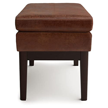 SIMPLIHOME Carlson 27" Wide Woven Fabric Rectangle Ottoman in Saddle Brown | Distressed saddle brown, mid-century modern ottoman with a padded seat for bedroom or living room; footstool or bench. - color: Distressed Saddle Brown, style: Small Ottoman Benc