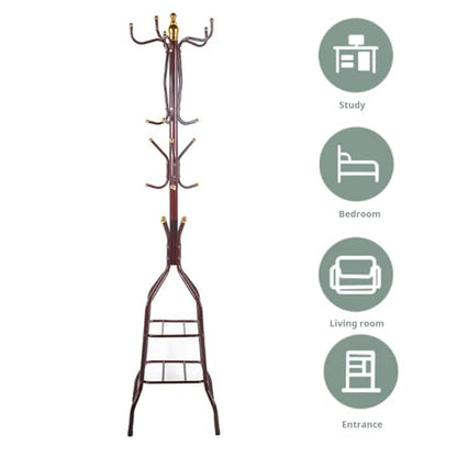 Coat Rack Freestanding, Simple Installation Entryway Organizer Coat Tree with Umbrella Holder, Purse Rack Hat Rack Stand for Living Room Bedroom Office Wine Red