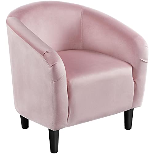 Yaheetech Small 25.5in Wide Velvet Barrel Accent Chair Bedroom, Pink | Compact Cozy Barrel Chairs with a Curved Silhouette, Upholstered Furry Armchair for Small Spaces, Living Room Bedroom Corner - color: Pink (Velvet), style: without Ottoman