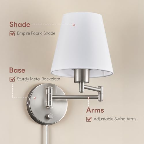 VONLUCE Wall Lamp, Plug in & Swing Arm Wall Sconce, Nickel Finish | Modern Wall Lights with White Fabric Shades, Plug in & Hardwired Wall Mounted Light for Bedside, Living Room, Hallway - color: Nickel, size: 1 Pack
