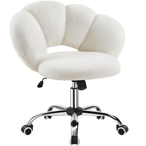 Yaheetech White Petal Boucle Makeup Vanity Desk Chair with Wheels, Swivel | Soft foam-padded boucle fabric fits vanity, bedroom, office or sewing desks; adjustable height, swivel wheels, fast assembly. - color: White