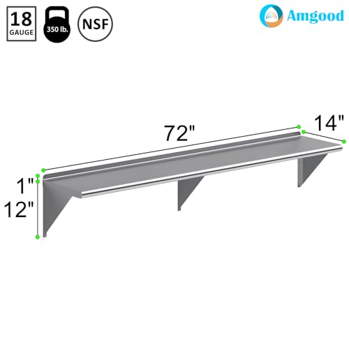 AmGood 14 in. x 72 in. Stainless Steel Wall Shelf | NSF | Metal Shelving | Garage, Laundry, Storage, Utility Room | Restaurant, Commercial Kitchen - size: 14 in. x 72 in.