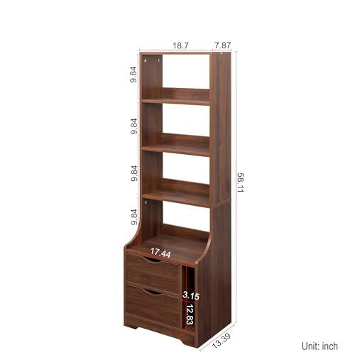 Farmhouse 58-Inch Night Stands with Bookshelf & 2 Storage Drawers, Tall Nightstand with Storage Shelves for Bedroom, Living Room, Study, Vertical Space Saving Design (Walnut) - color: Walnut