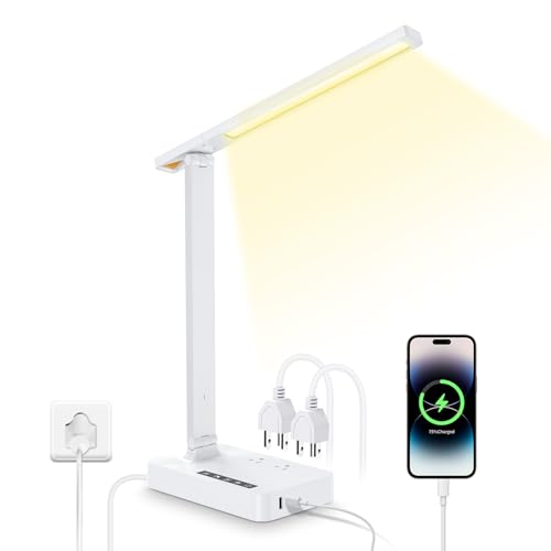 Desk Lamp with USB Charging Port: Table Lamp with Power Strip, Charging Station - 2 Outlets 1 USB-A Ports 1 Type-C Ports, Surge Protection, 5ft Extension Cord, 5 Color Modes 5 Brightness (White) - color: White2